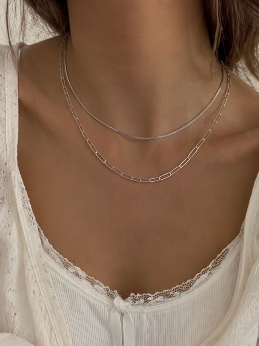 Silver Layered Necklace Set – Tarnish Free – Adjustable 18”